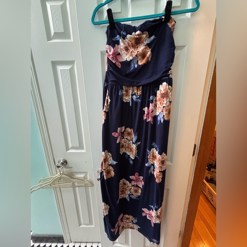 Navy floral maxi strapless dress size L